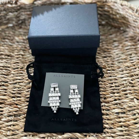 ALLSAINTS Rhodium,high quality,sparkling,statement earrings crystal 2 inch & box - Picture 5 of 6
